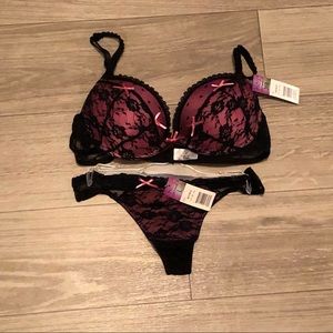 36b pink black lace bra set large panty NWT